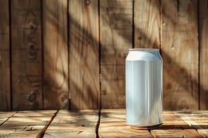 Blank aluminum can on wooden background, a Food & Drink Photo by AlyaAnd