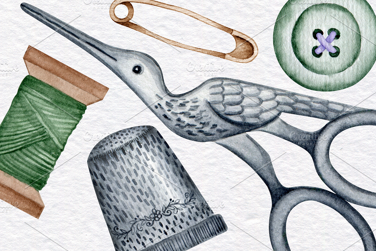 Vintage Watercolor Sewing Clipart, an Illustration by KathrineWatercolor (Photo 3 of 5)