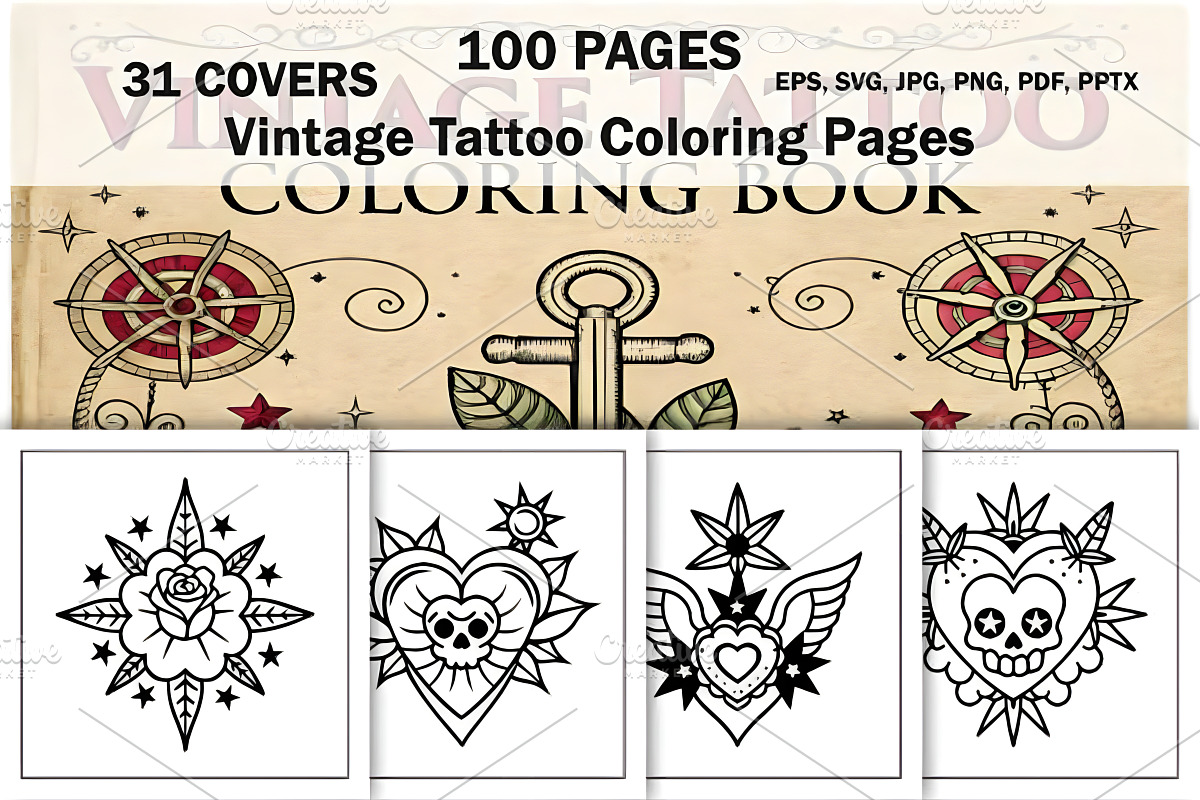 Vintage Tattoo Coloring Book, a Decorative Illustration by Design Station (Photo 2 of 3)