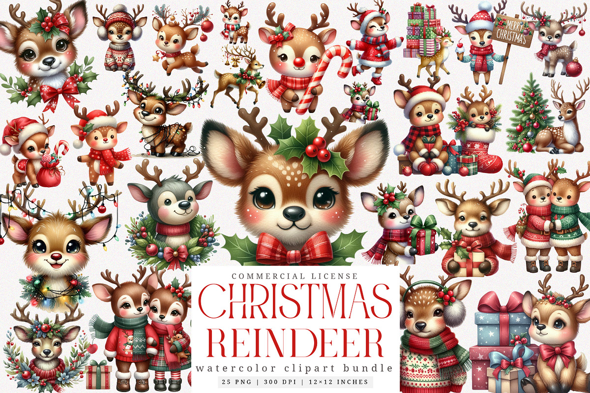 Cute Christmas Reindeer Clipart PNG, an Illustration by SinaCreation (Photo 1 of 7)