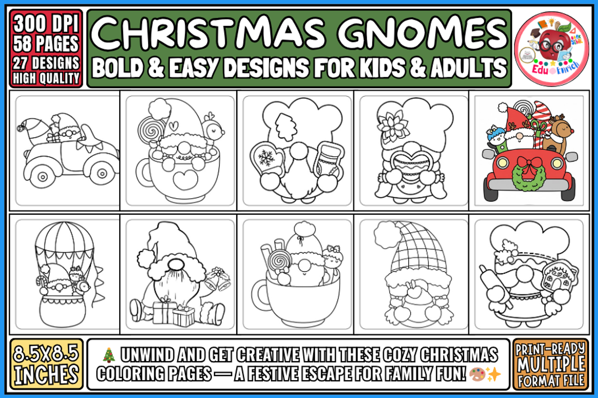 Cozy Christmas Gnomes Coloring Pages, a Seasonal Illustration by EduEnrich (Photo 1 of 3)
