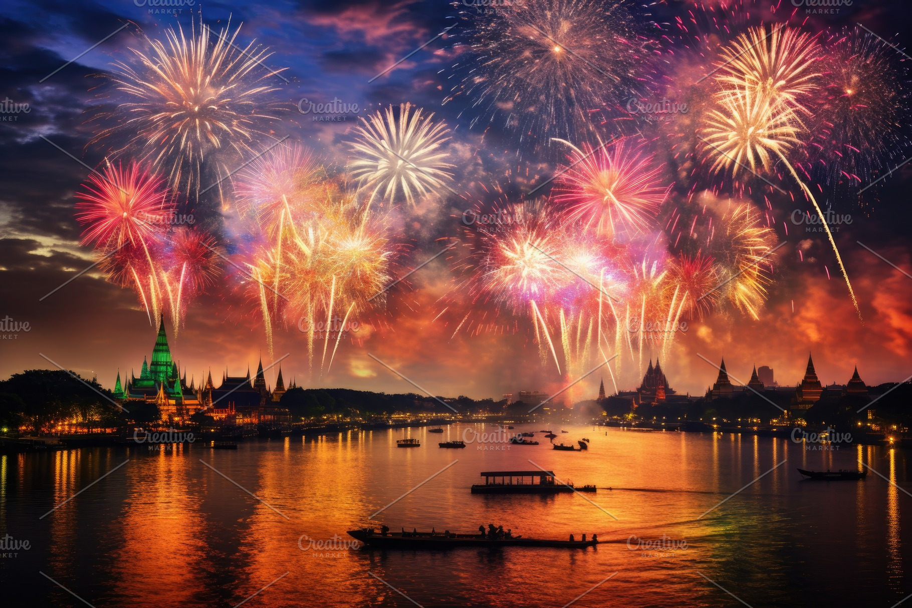 Colorful fireworks over Wat Arun tem, a Photo by Iftikhar Alam