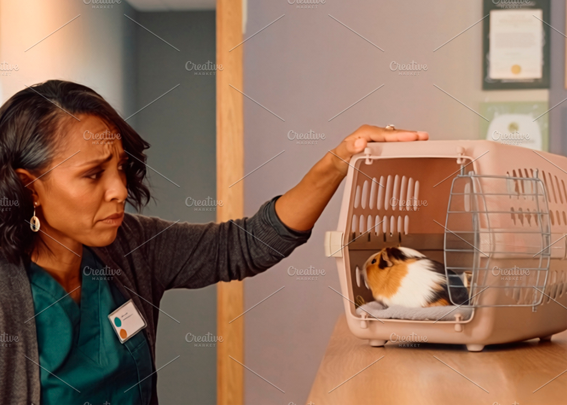Mature black woman at veterinary clinic waiting area with guinea, a Photo by DanFLCreativo