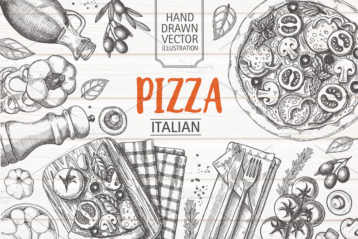 Hand drawn Pizza frame. Ingredients., a Food Illustration by natadanko (Photo 1 of 2)