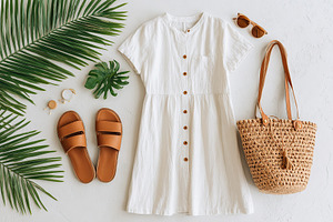 Bright summer outfit flat lay showcasing light cotton dress, accessories, and f, a Photo by AlyaAnd