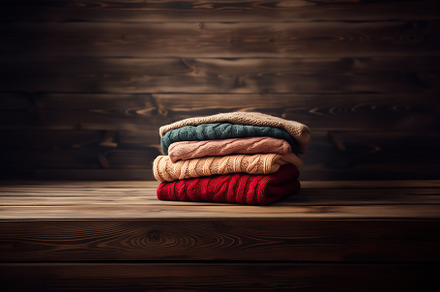 Stack of knitted sweaters on brown wooden background, a Beauty & Fashion Photo by AlyaAnd