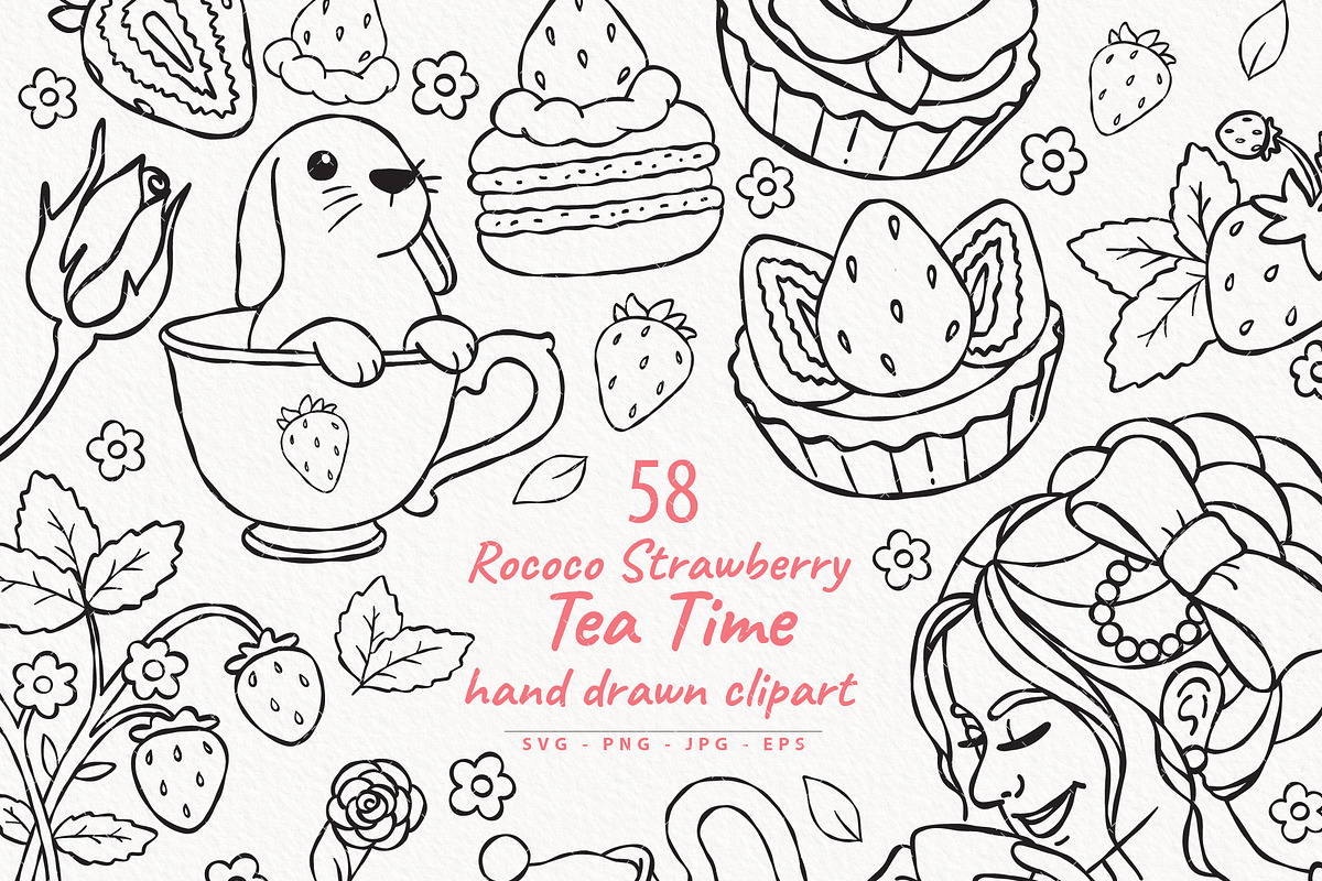 Rococo Strawberry Tea Time Line Art, a Food Illustration by TitaLivingArt (Photo 1 of 7)