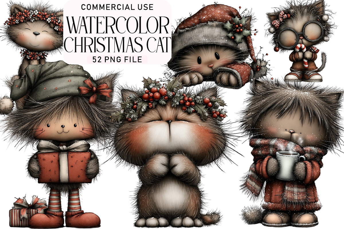 Watercolor Christmas Cat Clipart, an Illustration by Daily.Designs (Photo 1 of 5)