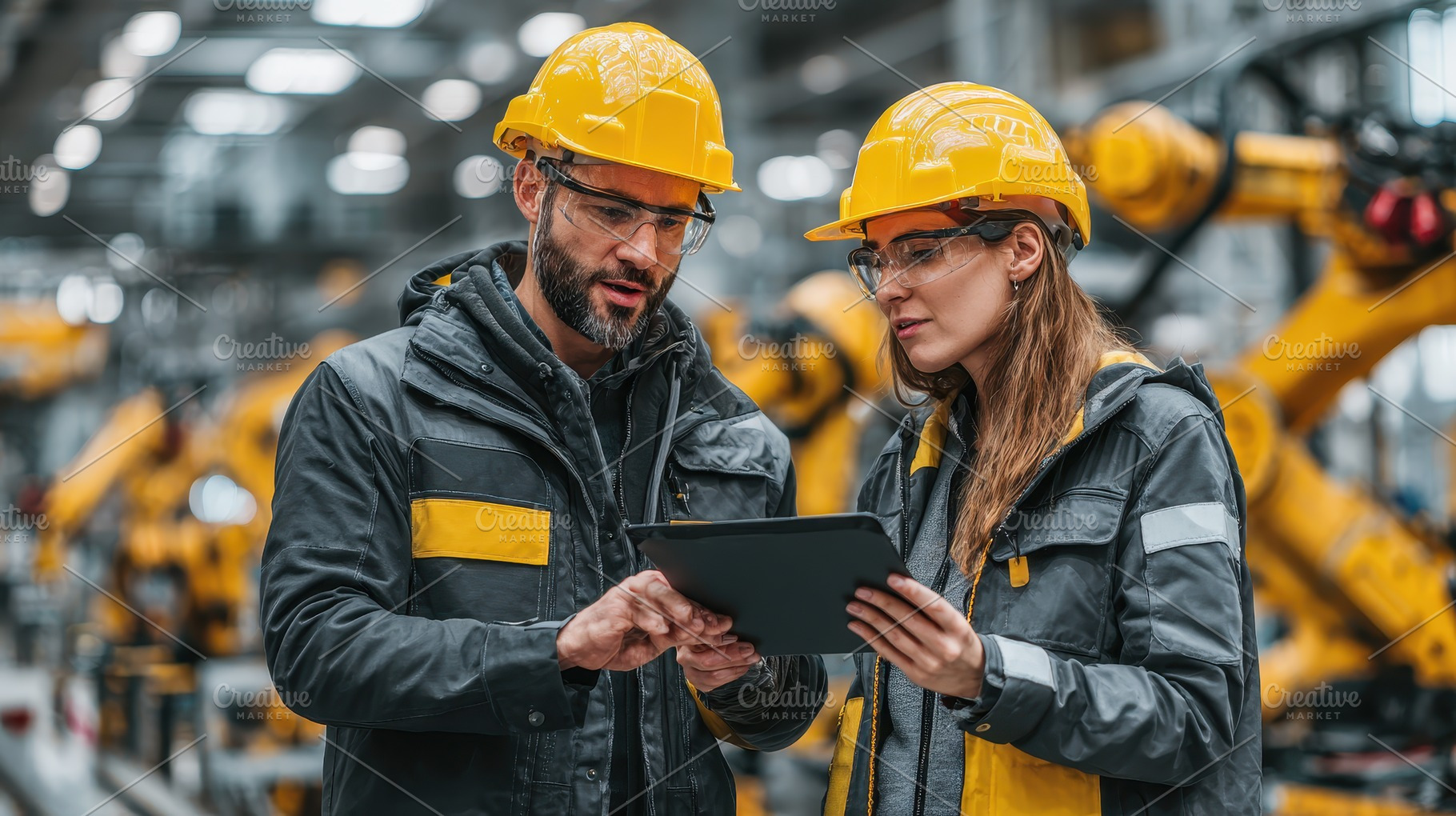Factory workers reviewing data on ta, a Photo by Pixeness Studio
