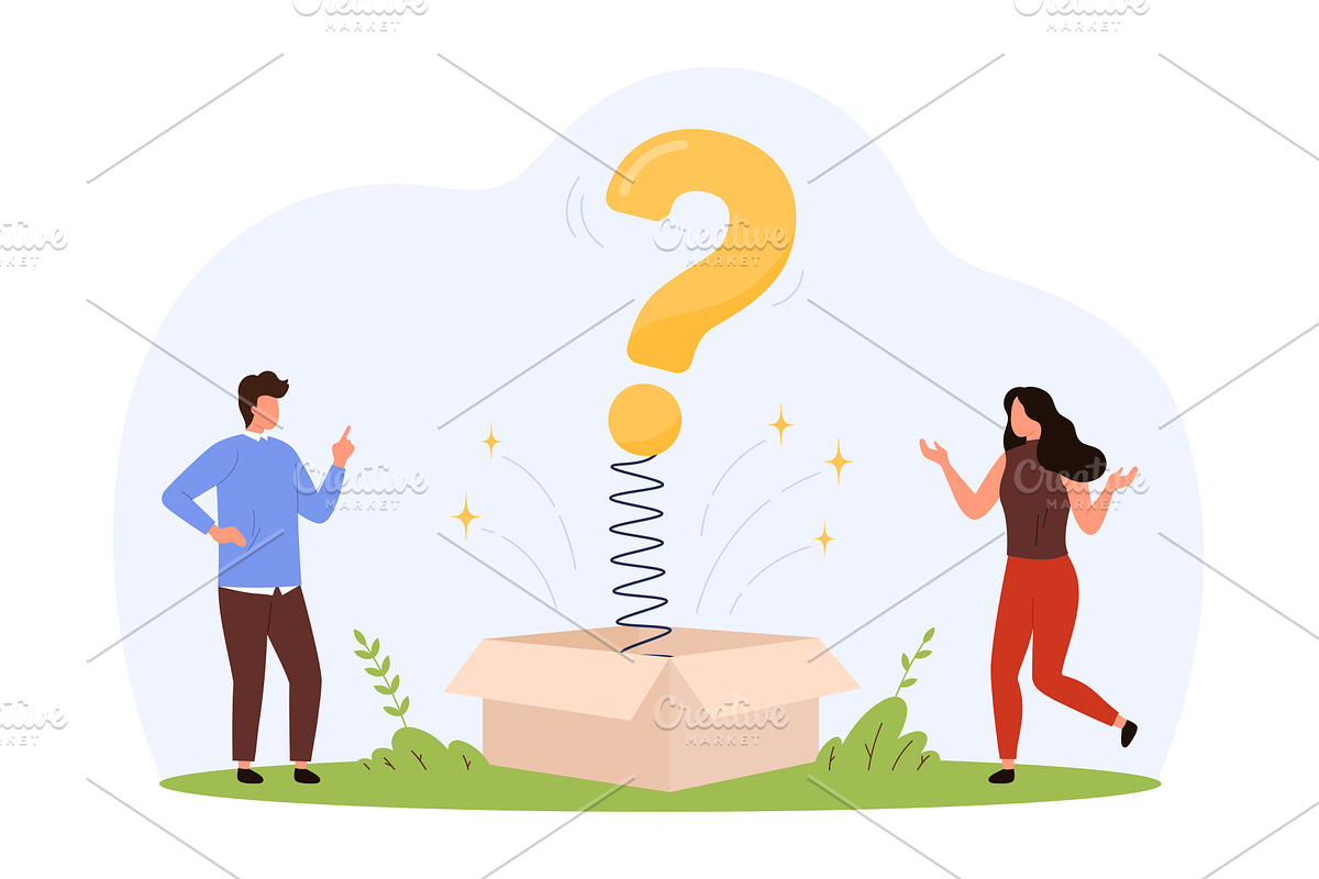 Tiny people question mark out of box, an Education Illustration by Flashvector