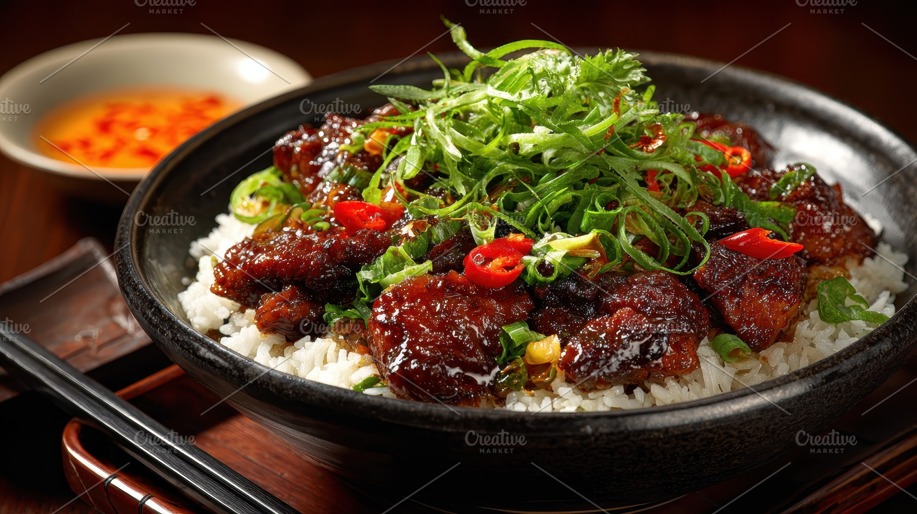 Delicious Asian Beef Rice Bowl Savor, a Photo by Pixeness Studio