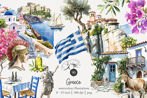 90 watercolour Greece clip art, a Seasonal Illustration by Poppy Lane Studio