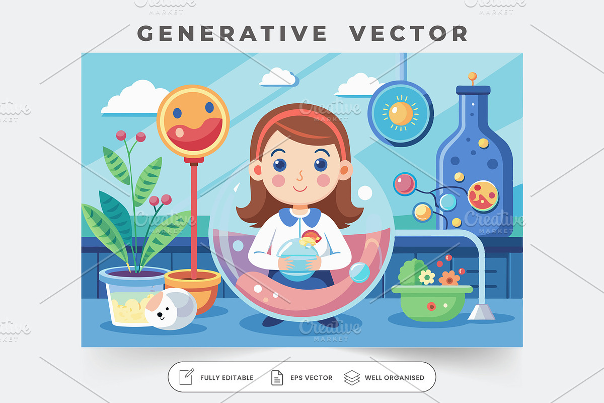 A young girl works in a colorful lab, a Graphic by SouravDesign