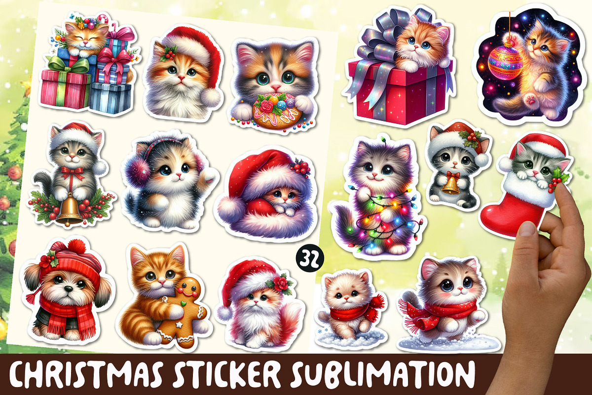 Christmas Cat Sticker Clipart, an Illustration by OK Design (Photo 1 of 5)