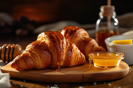 Fresh croissants with honey on wooden table. Generative AI, a Food & Drink Photo by AlyaAnd