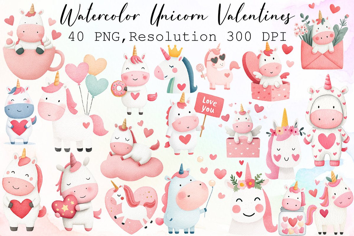 Watercolor Unicorn Valentines Clipar, an Illustration by Sublimation Artist (Photo 1 of 6)
