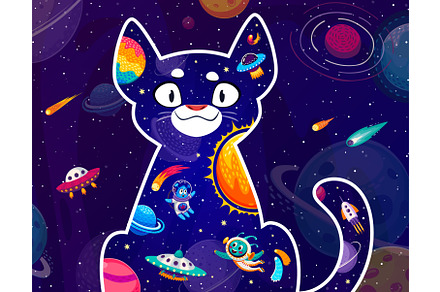 Space cat, cartoon galaxy rockets