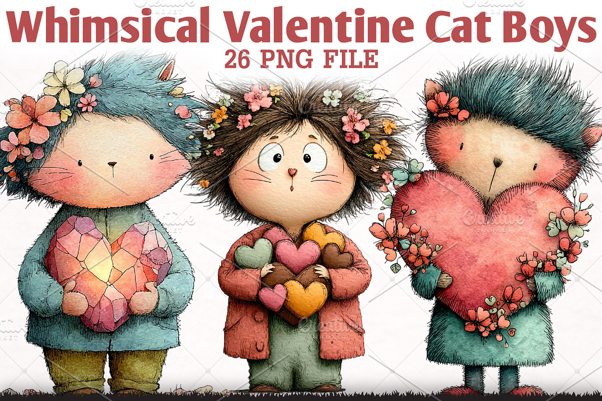 Whimsical Valentine Cat Boys Clipart, an Illustration by RobertsArt (Photo 1 of 6)