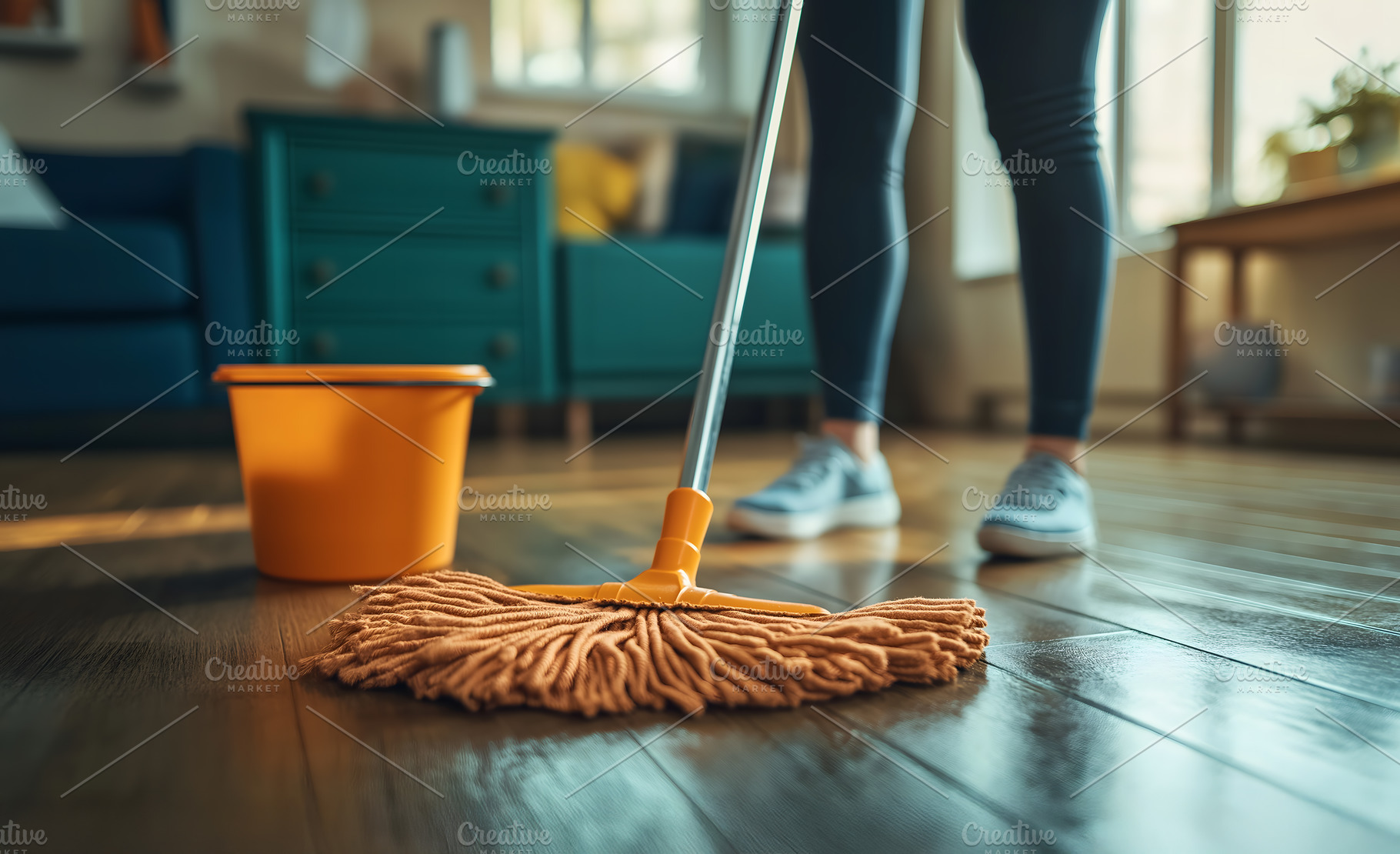 Woman mopping, wiping floor in home setting. Housewife uses mop, plastic bucket, a Business Photo by Lenor4ik