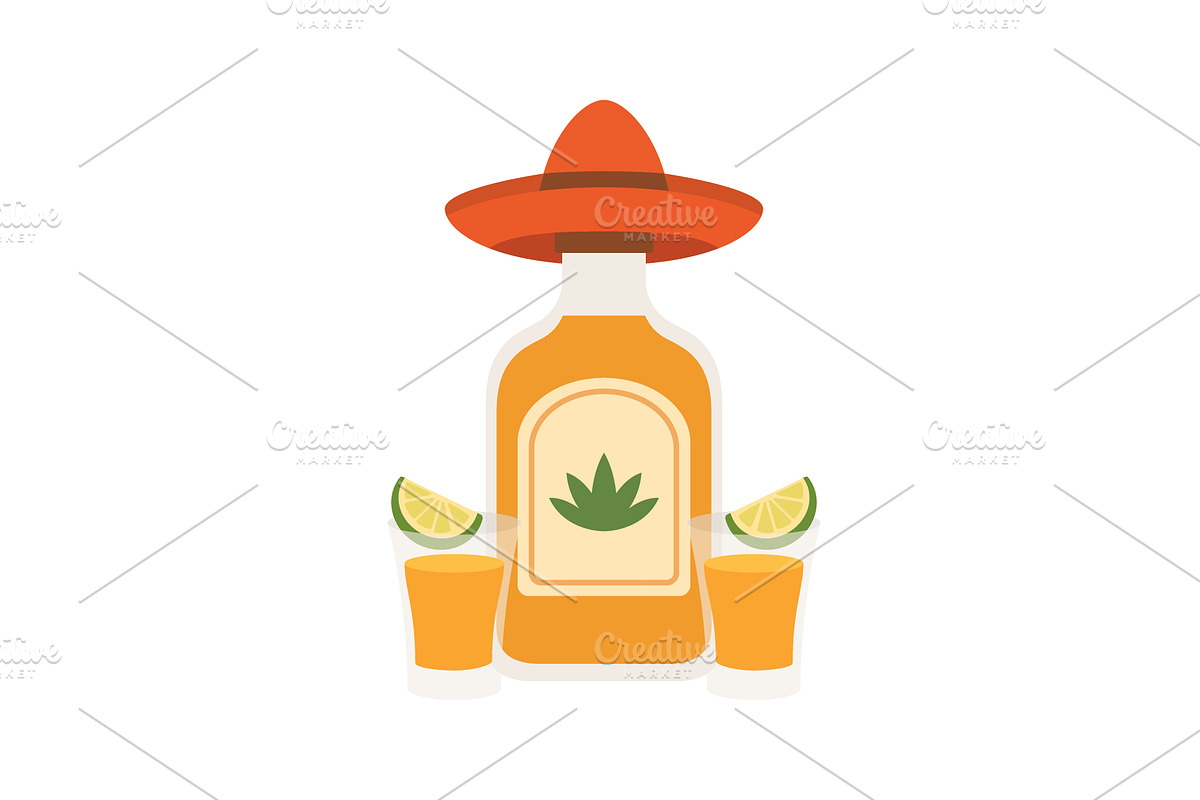 Mexican tequila bottle with sombrero, a Food Illustration by GraphiShop