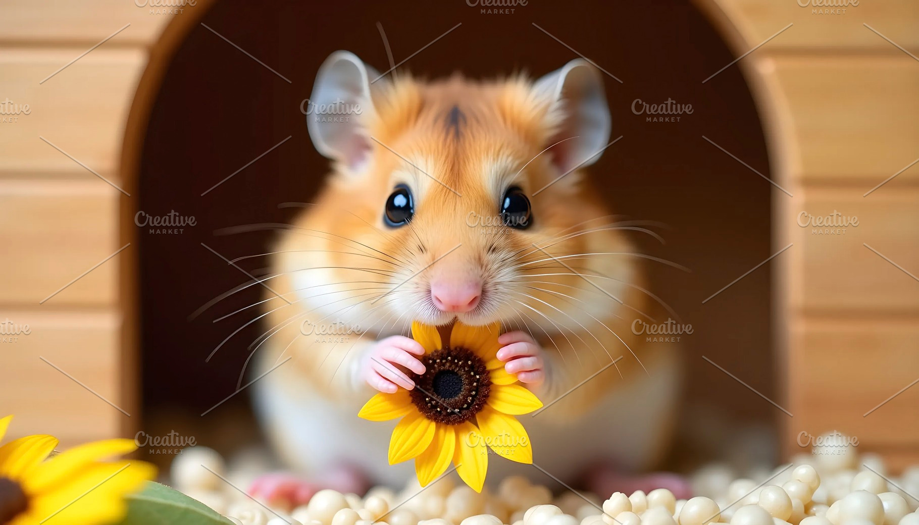 Syrian Hamster Eating Seed In Wooden, a Photo by LOGOCREATIVE