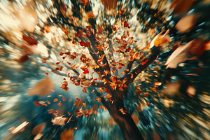 A dynamic view of a tree with colorful autumn leaves swirling around, creating, a Photo by Textures & Backgrounds