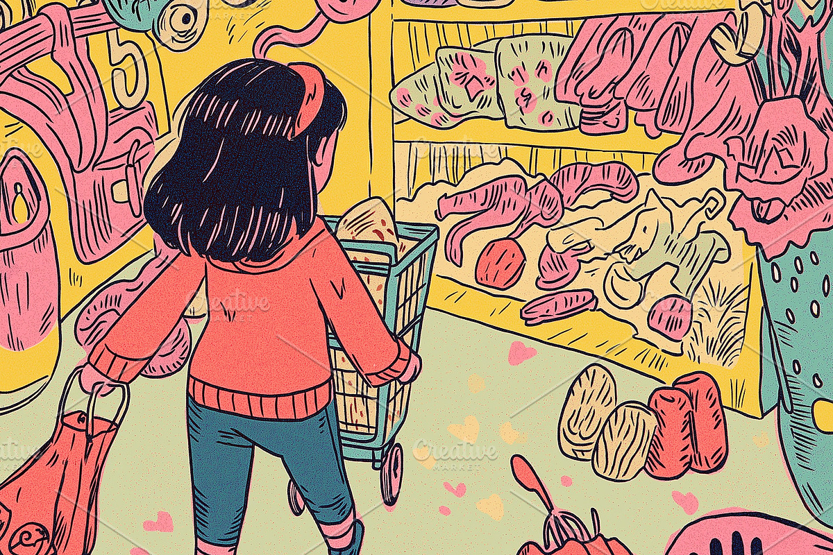 A girl with a shopping cart shopping, a Person Illustration by Sybillla