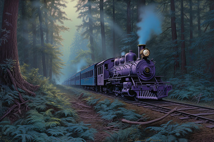 Beautiful and elegant vintage train traveling through a forest in purple and br, a Wallpaper Photo by José Manuel Gelpi