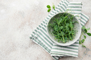 Fresh green pea shoots in bowl on towel, a Food & Drink Photo by Olena Rudo