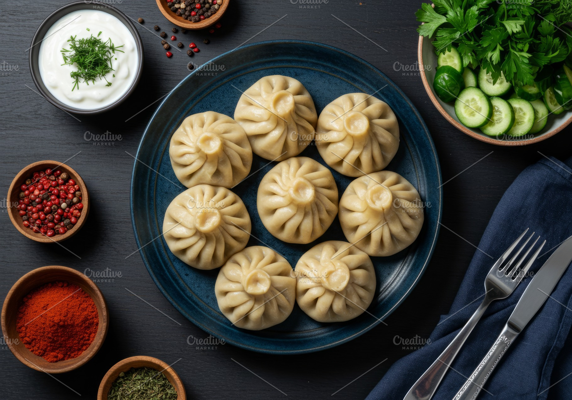 Traditional khinkali dumplings serve, a Food & Drink Photo by professorinc