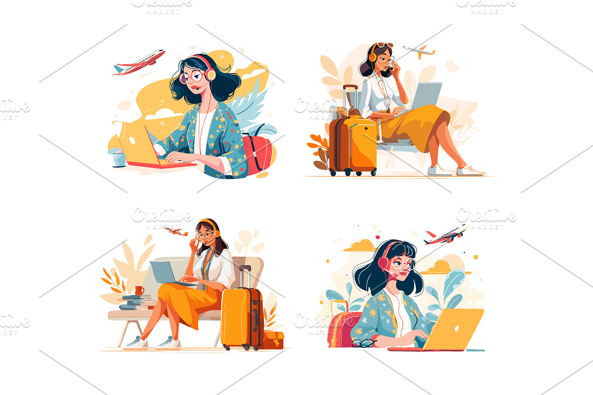 Young woman working on laptop, a Transportation Illustration by Onyx