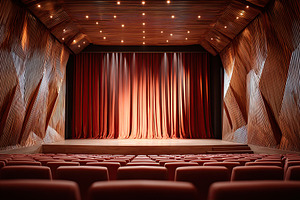 Modern auditorium with red curtains and warm wooden accents ready for a perform, a Photo by AlyaAnd