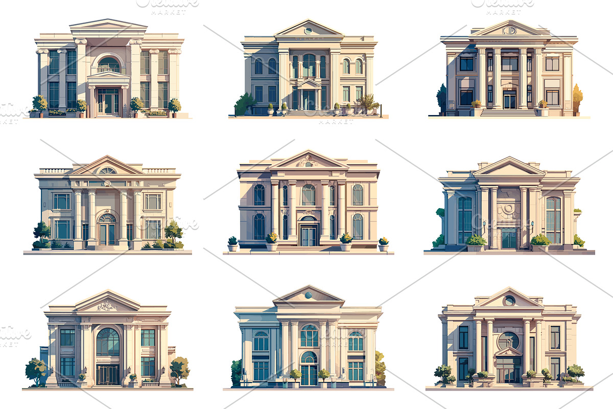 Set of various bank buildings in, an Object Illustration by LadadikArt