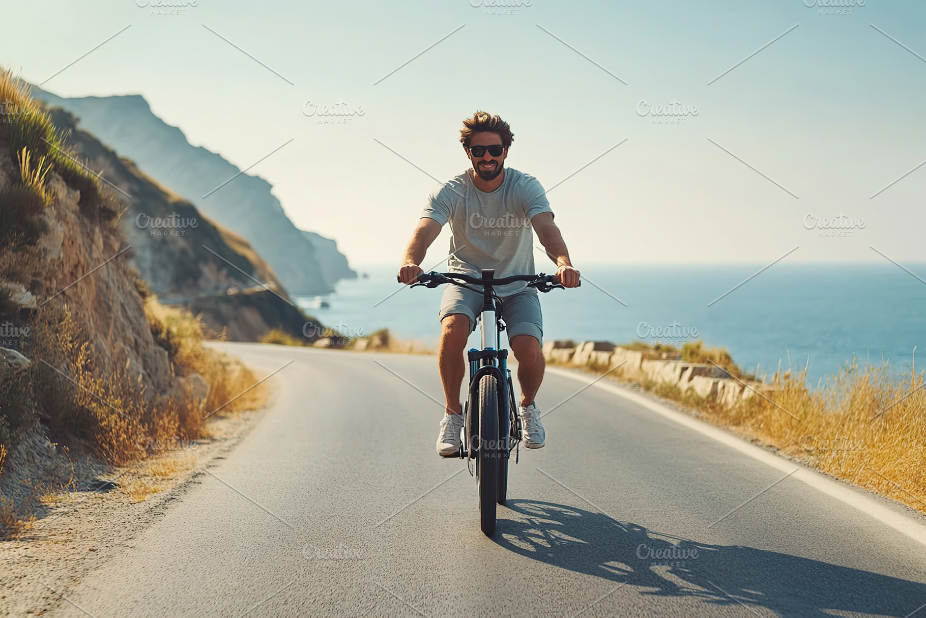 Man enjoying a ride on an electric bike along a scenic coastal road during sunn, a Person Photo by AlyaAnd
