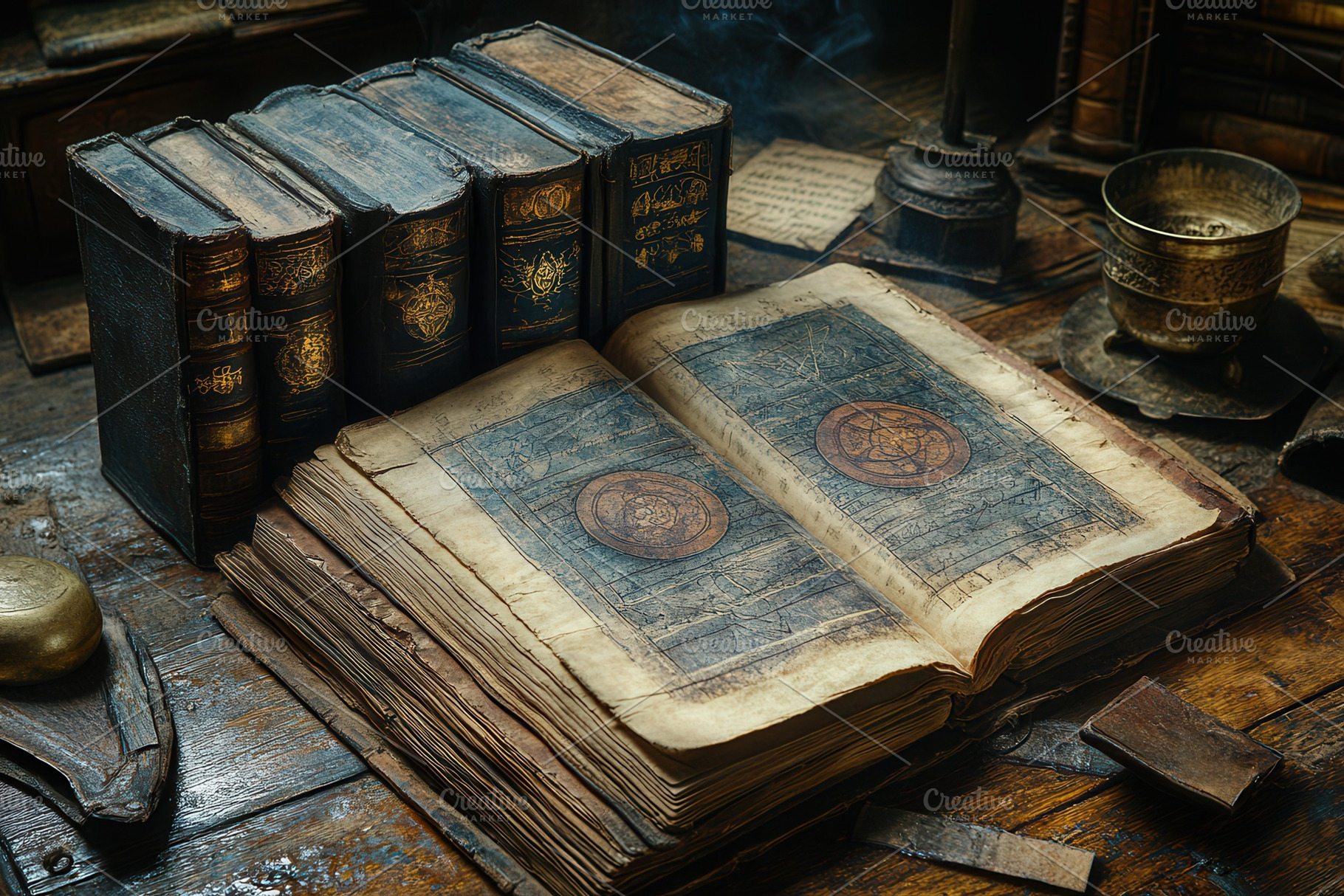 Ancient books and manuscripts displa, a Photo by Tanuart