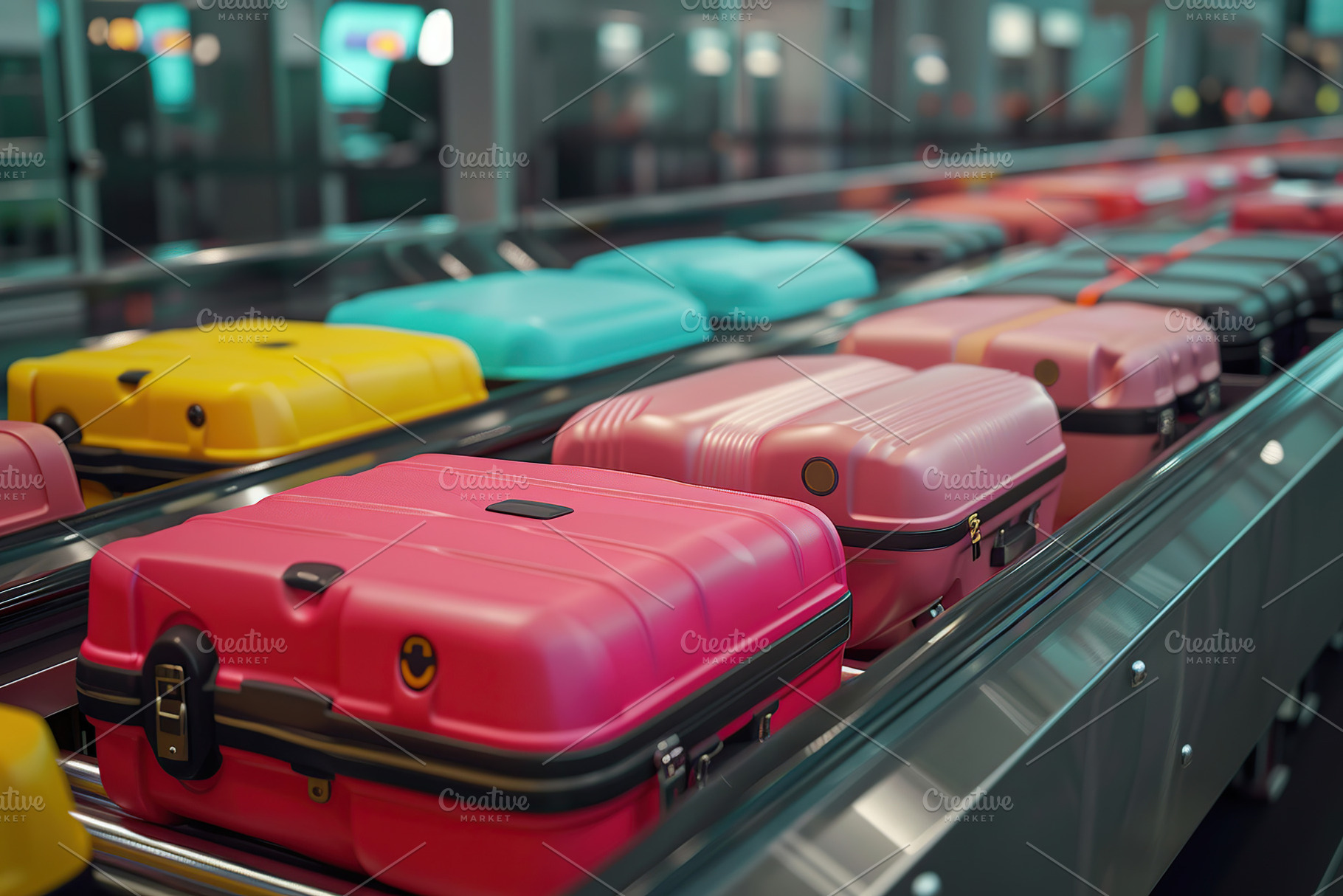 Luggage bags on conveyor belt in airport terminal. Travel concep, a Photo by AlyaAnd