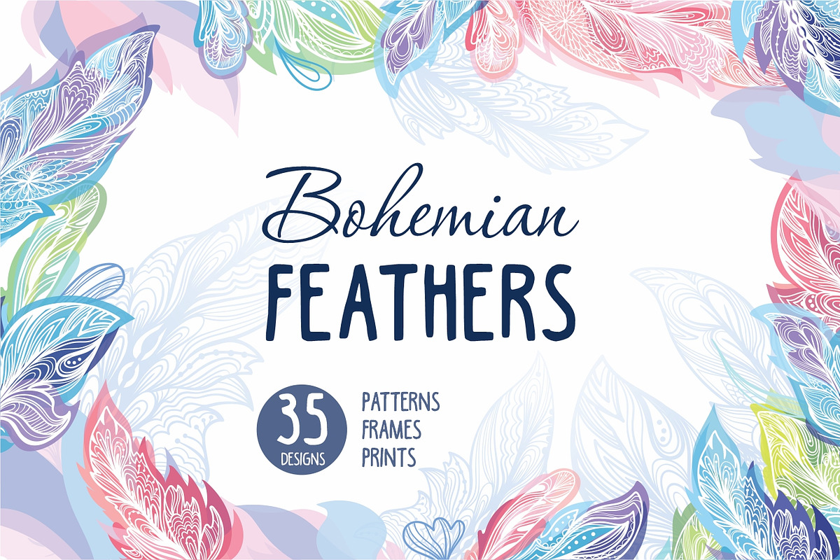 Bohemian Feathers Vector Set, a Decorative Illustration by kisikoida (Photo 1 of 16)