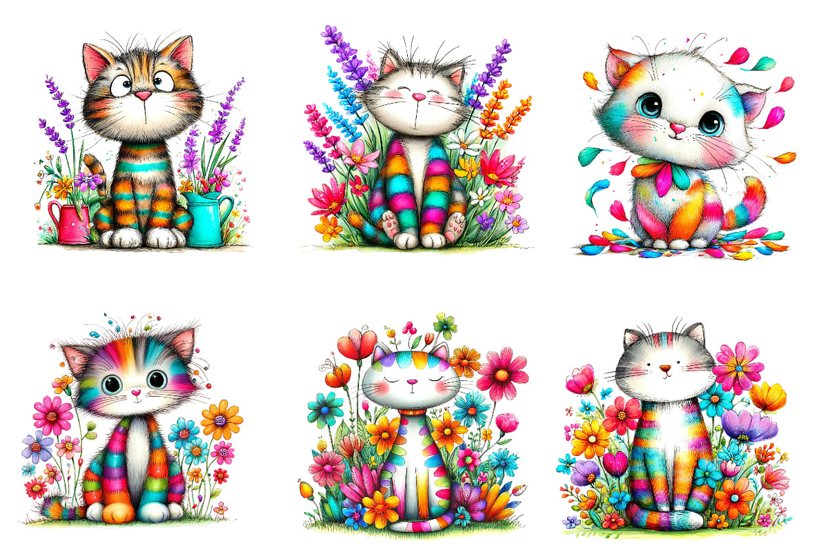 Whimsical Spring Cats Clipart, an Illustration by CreationArt (Photo 4 of 7)