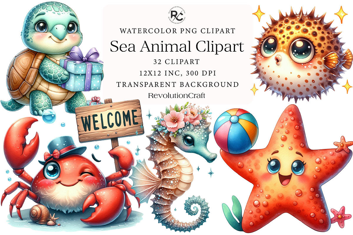Watercolor Sea Animal Clipart, an Illustration by OK Design (Photo 1 of 5)