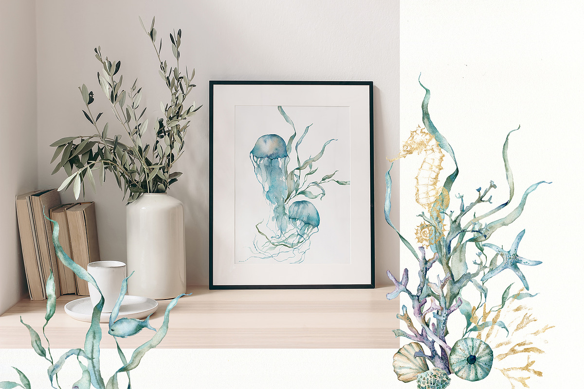 Watercolor ocean animals background, an Animal Illustration by Yuliya Derbisheva (Photo 4 of 13)