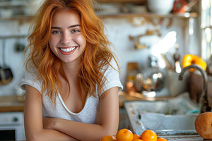 Smiling Caucasian woman with orange hair enjoys a sunny kitchen surrounded by f, a Person Photo by ImageMir