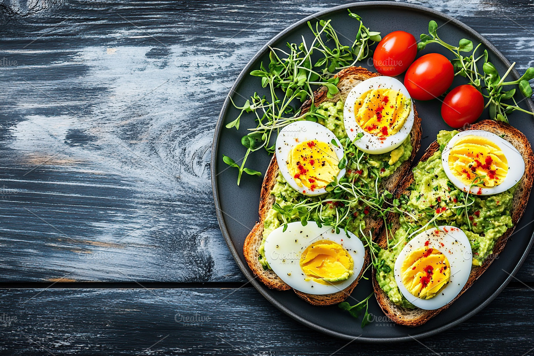 Delicious toast bread with avocado, boiled egg, tomatoes and microgreen, a Food & Drink Photo by AlyaAnd