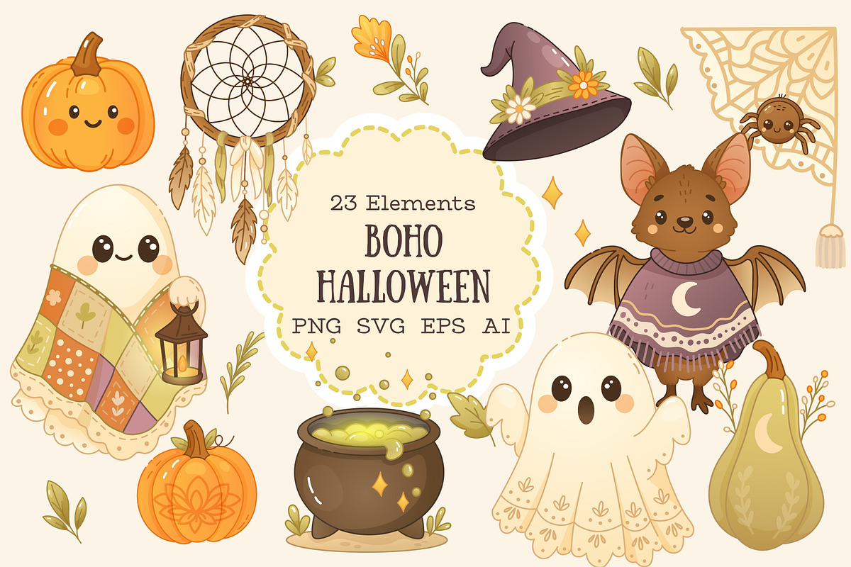 Boho Halloween Clipart & Frames, a Seasonal Illustration by Bielousova Art (Photo 1 of 8)