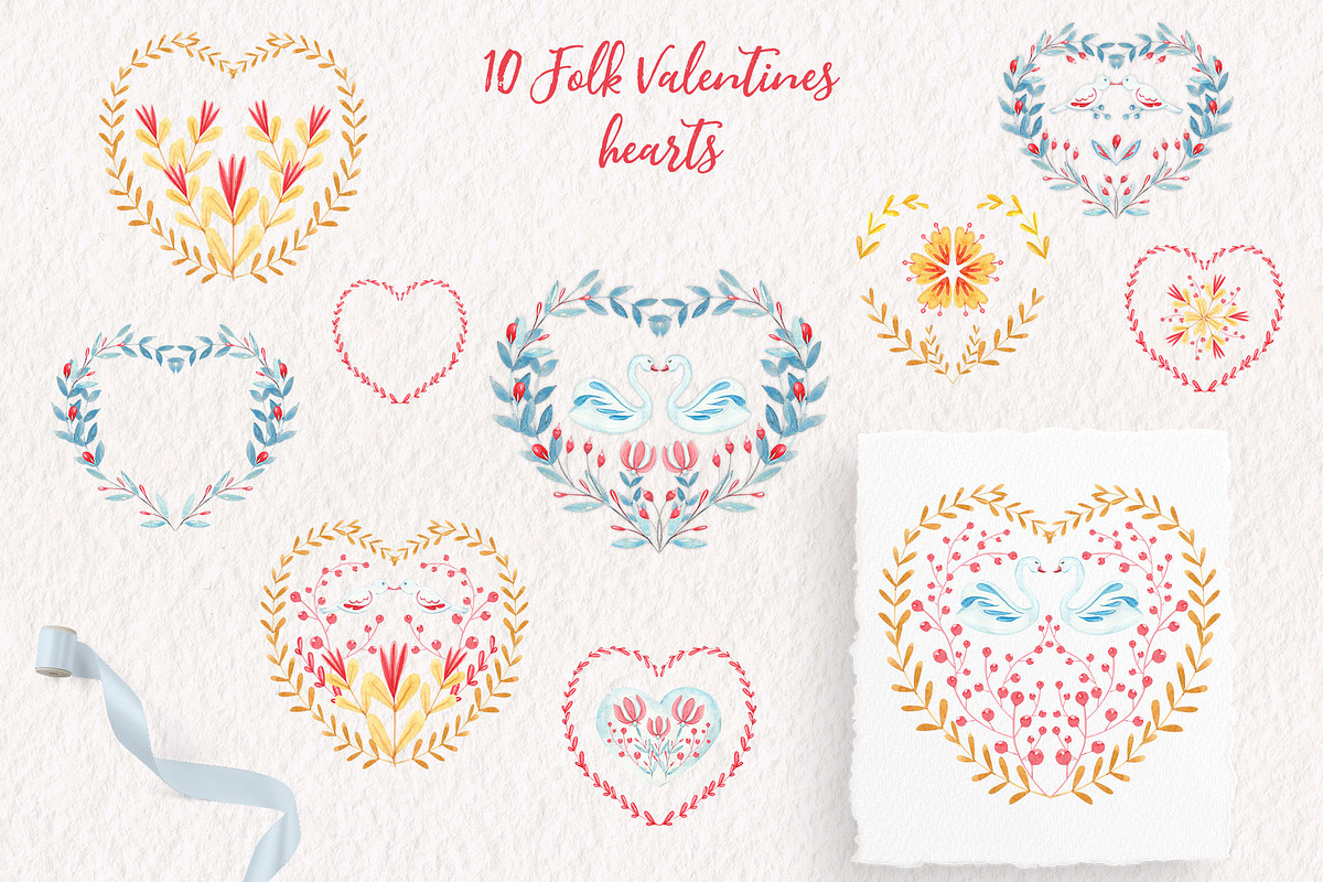 Folk Valentines Watercolor, a Decorative Illustration by Catch the Dream Art (Photo 2 of 8)