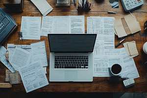 Busy desk setup with laptop, documen, a Background Photo by Pixeness Studio