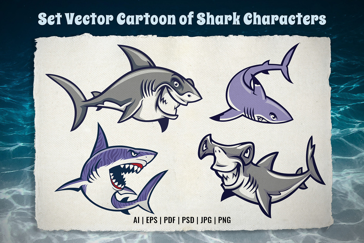 Set Cartoon of Shark Characters, an Object Graphic by bazzier_graphik (Photo 1 of 2)