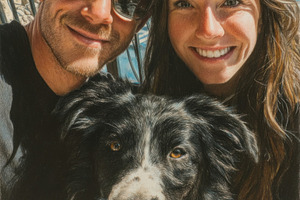 Happy Couple Taking Selfie with Border Collie in Mountain Landsc, a Person Photo by José Manuel Gelpi