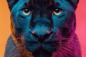 Close-up portrait of a black panther with vibrant background, an Animal Photo by AlyaAnd
