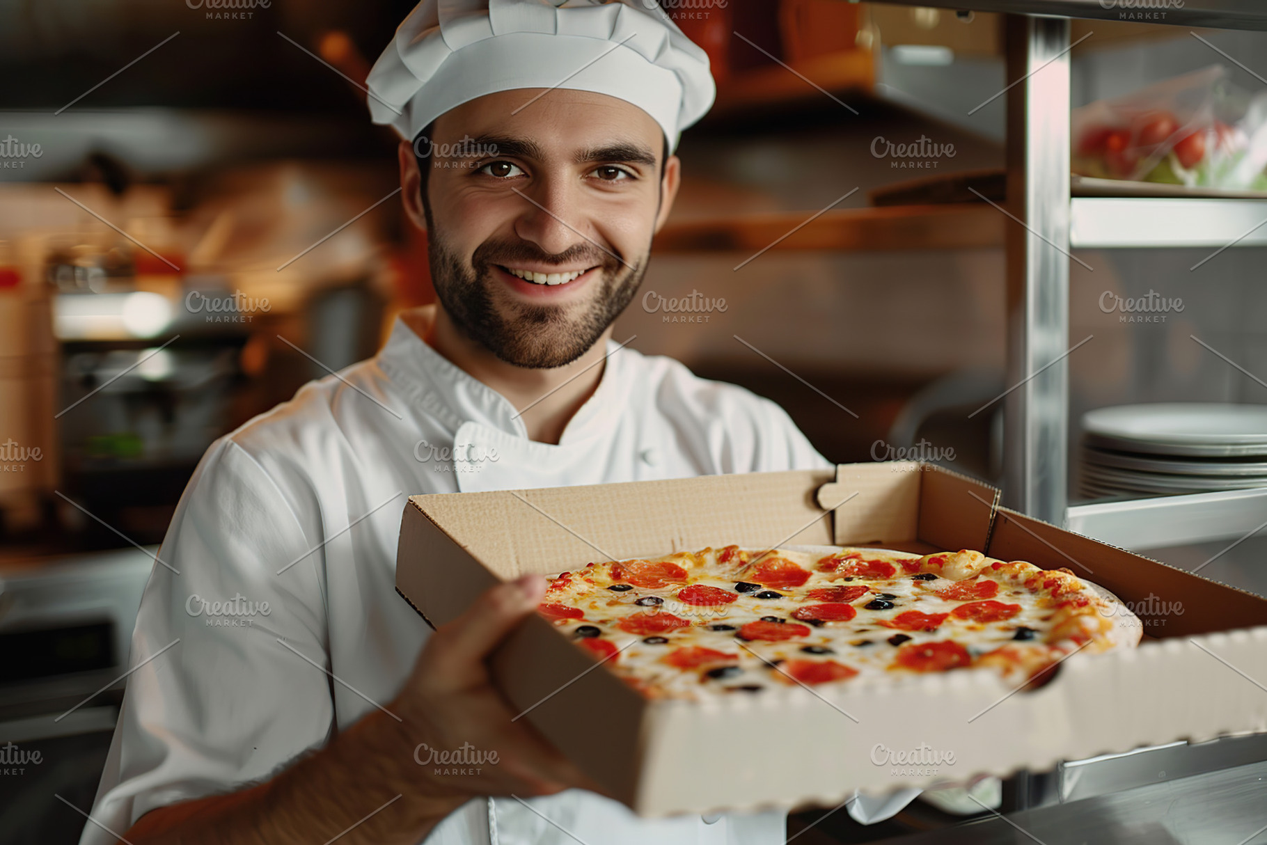 Male chef with hot pizza in restaurant, a Food & Drink Photo by AlyaAnd