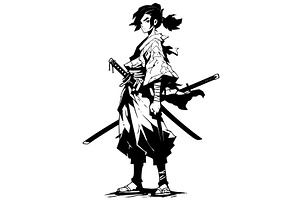 Teenage Samurai Girl Anime Line Art